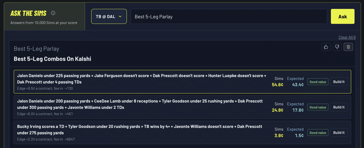 Ask the Sims answer card for "Best 5-Leg Parlay"