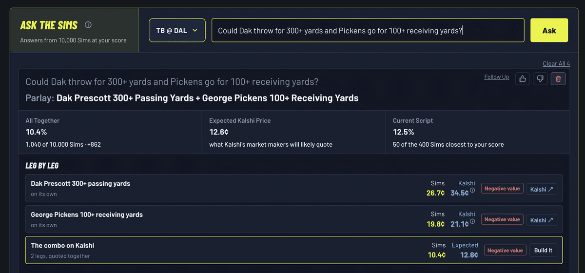 Ask the Sims answer card for Dak Prescott 300+ passing yards and George Pickens 100+ receiving yards