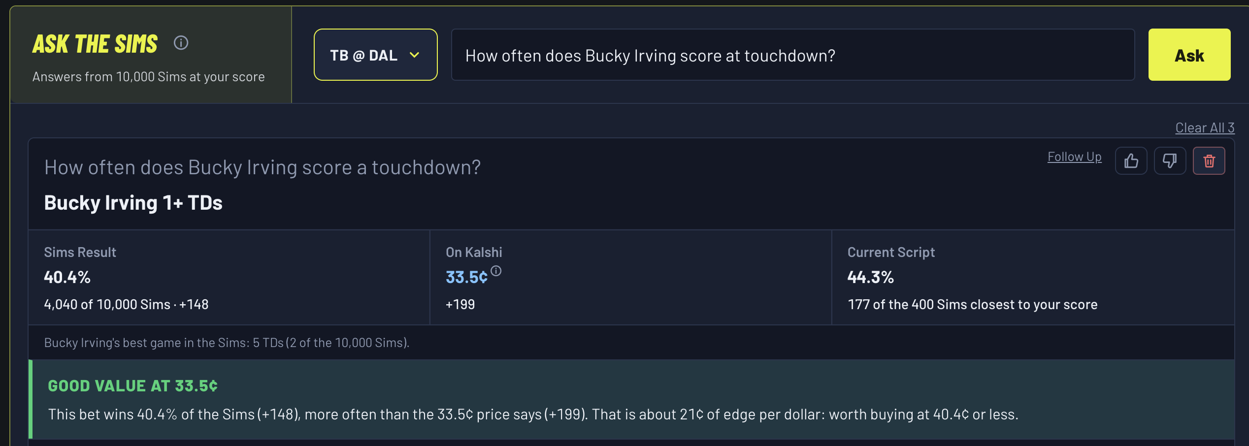 Ask the Sims answer card for "How often does Bucky Irving score a touchdown?"
