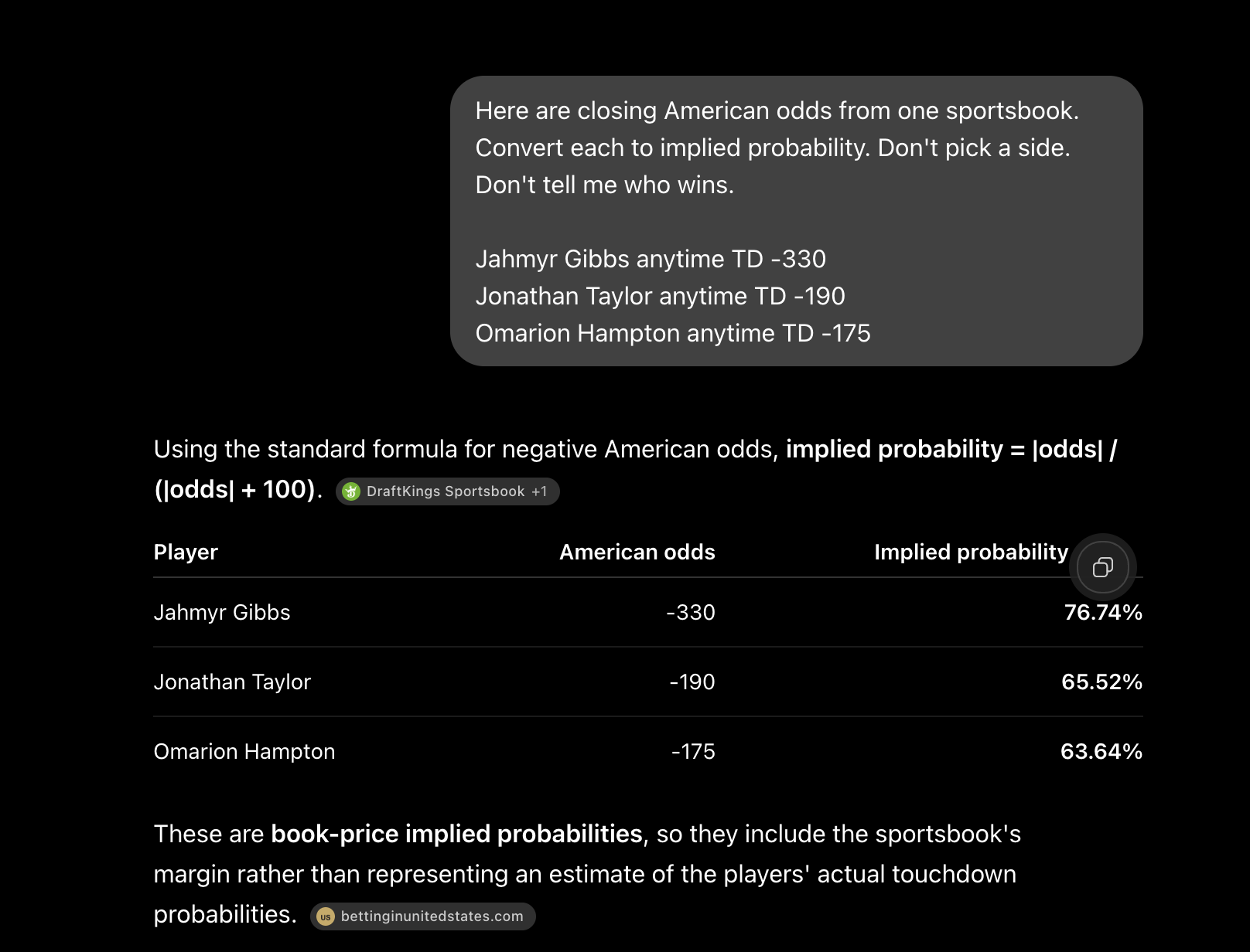 ChatGPT converting Gibbs -330, Taylor -190 and Hampton -175 to implied probability