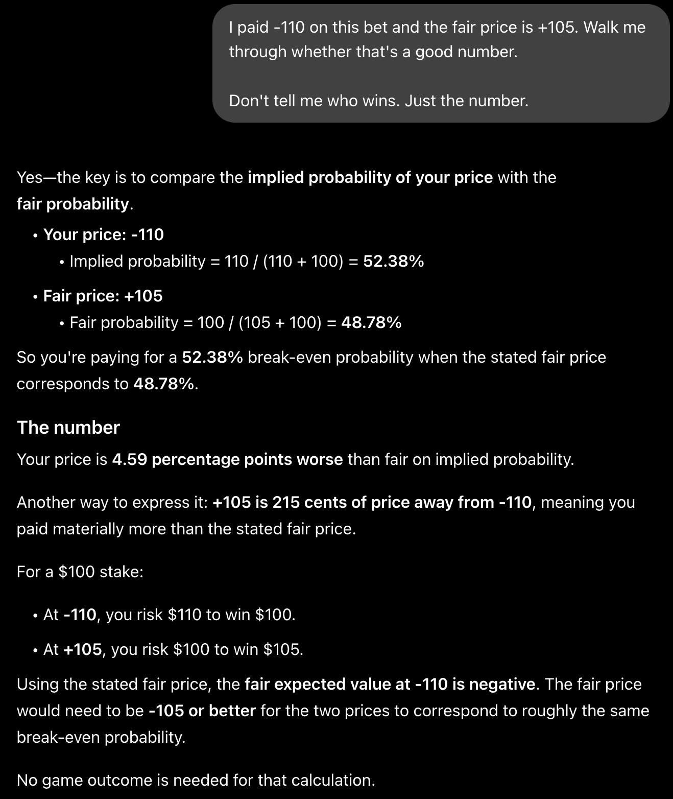 ChatGPT converting -110 and +105 to implied probability and comparing them