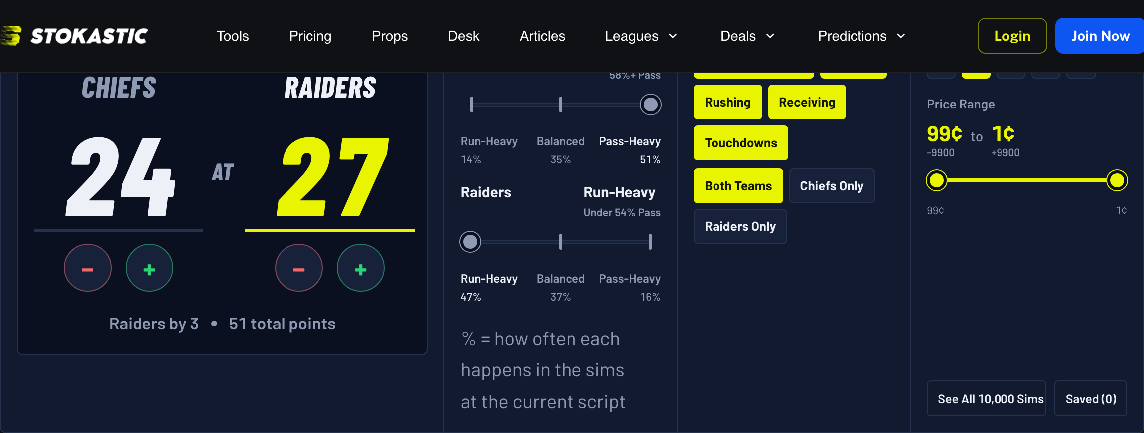 The Kalshi Parlay Simulator with a Raiders 27, Chiefs 24 final score typed in