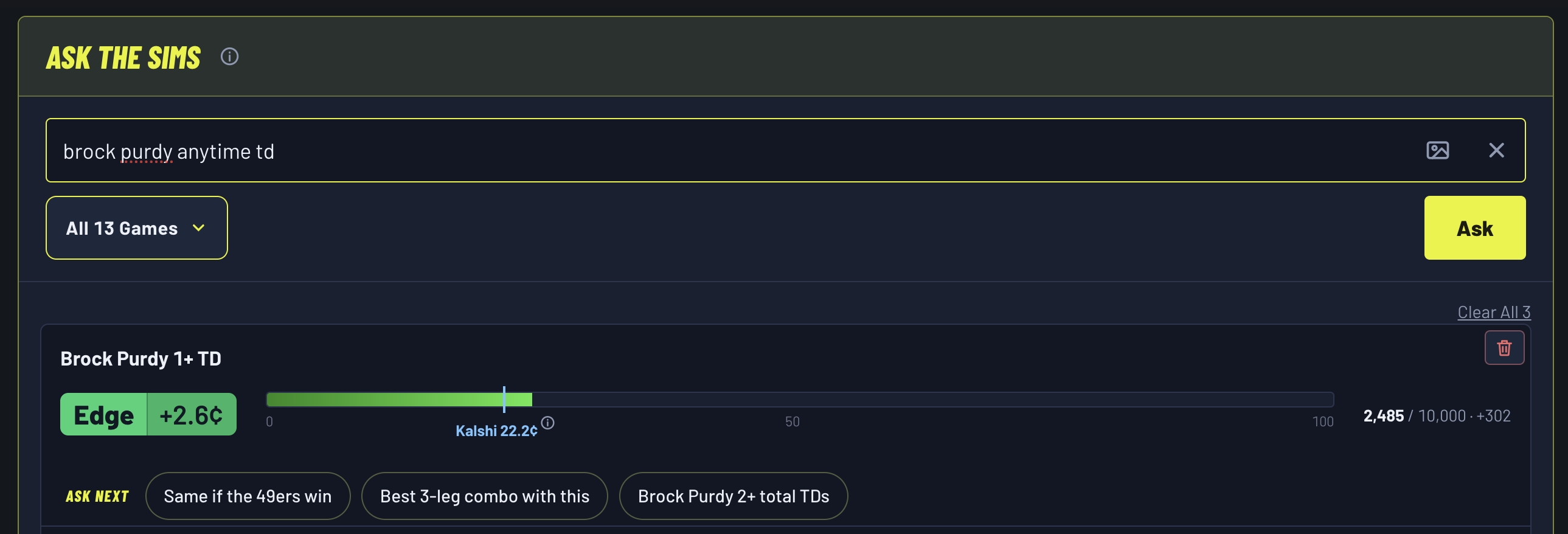 Ask the Sims answer card for Brock Purdy 1+ touchdowns, Commanders at 49ers