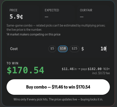 The Kalshi combo ticket: Shipley and Rodriguez both score at 5.9 cents, $11.46 pays $182.00