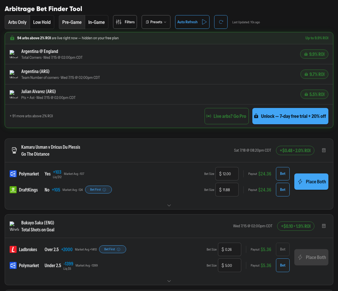 The OddsShopper Arbitrage Tool (real screenshot of the live tool)