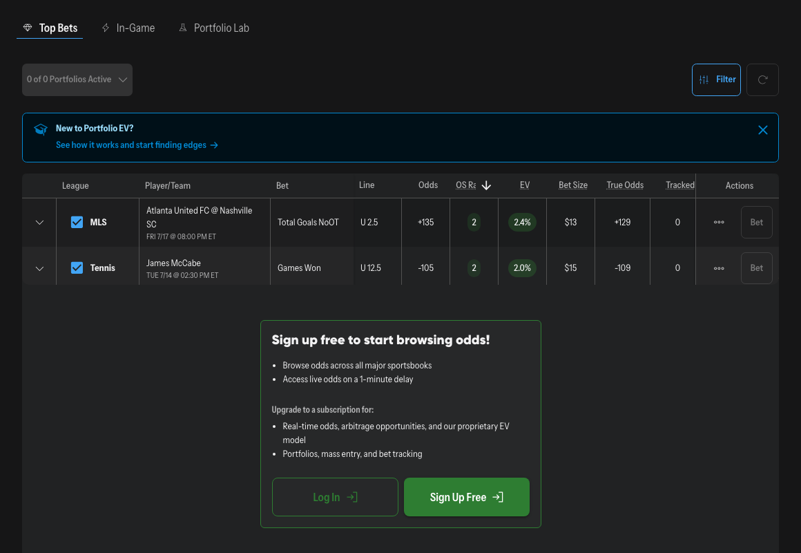 The OddsShopper +EV Screen (real screenshot of the live tool)