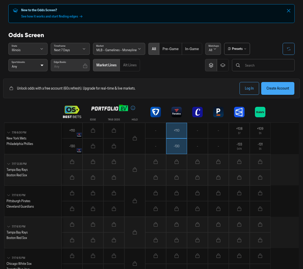 The OddsShopper Odds Screen (real screenshot of the live tool)