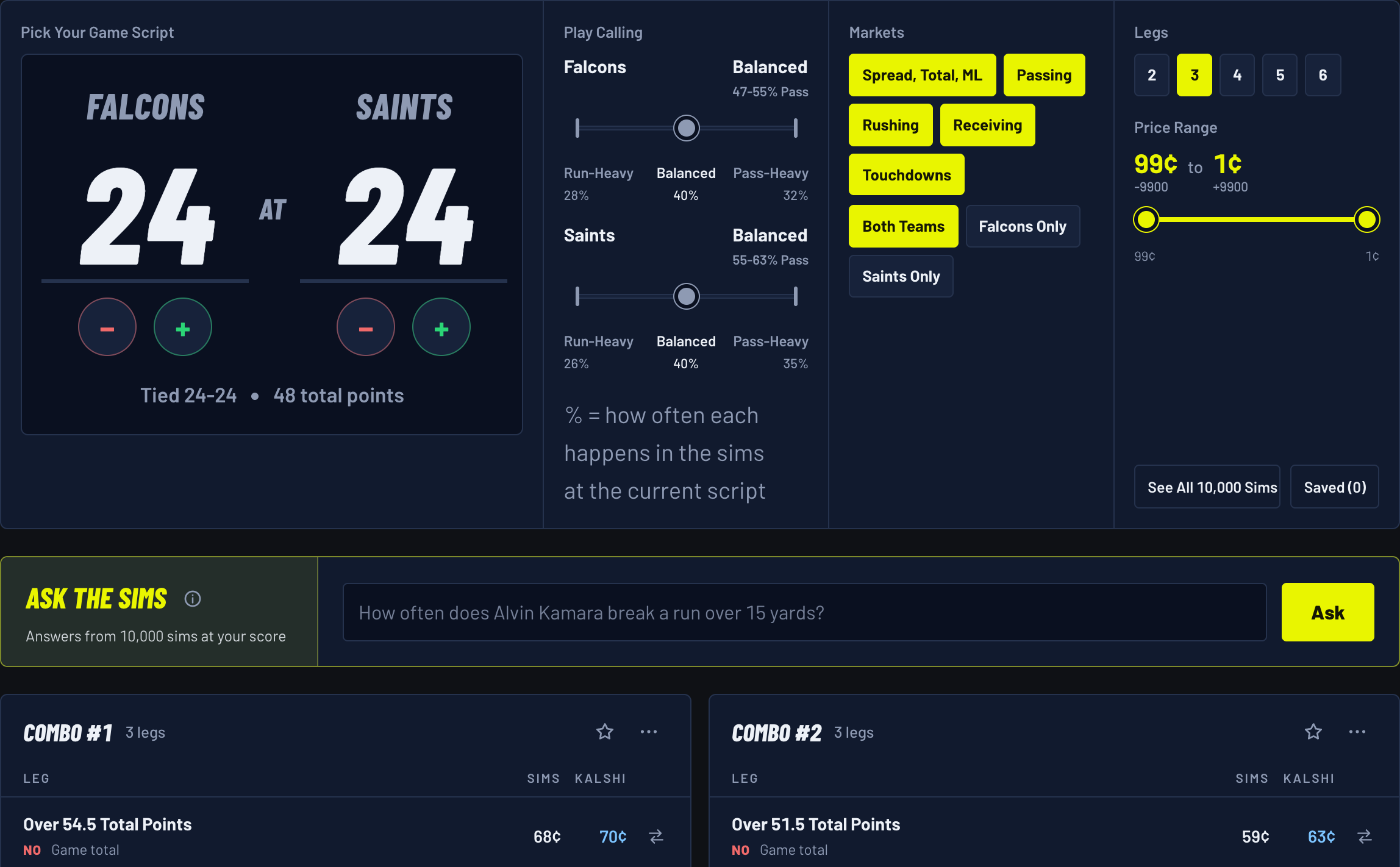The free Kalshi Parlay Simulator on Stokastic: type the final score you expect and it builds and prices every combo against 10,000 simulated games