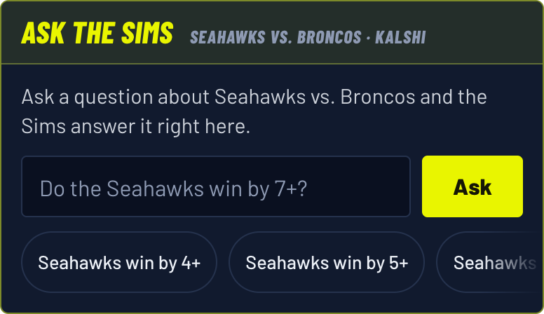 Ask The Sims box: tap to open Sunday's Vikings at Lions run in the simulator and ask it a question, such as whether the Lions win by eight or more