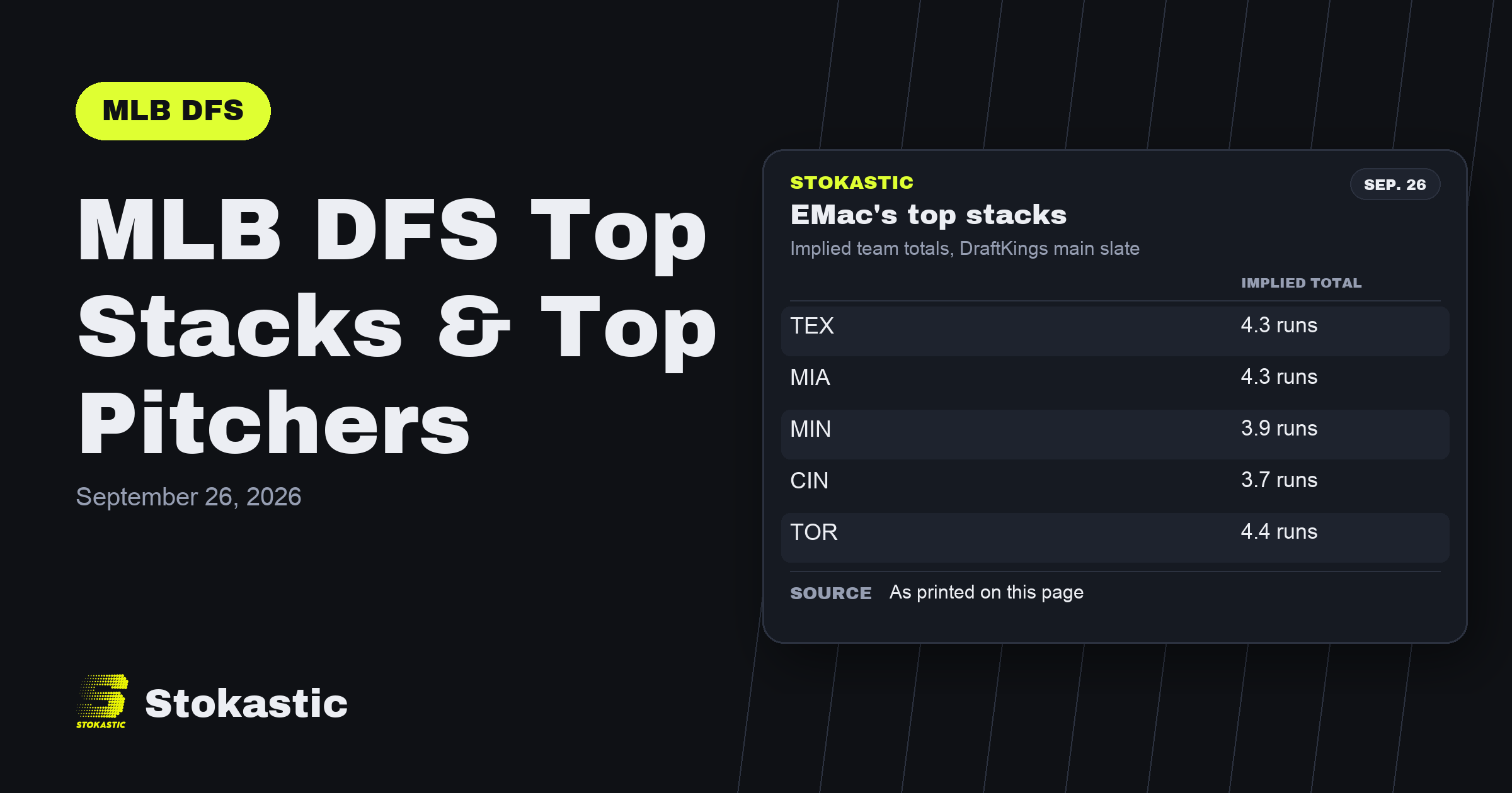 MLB DFS Top Stacks & Top Pitchers: September 26, 2026