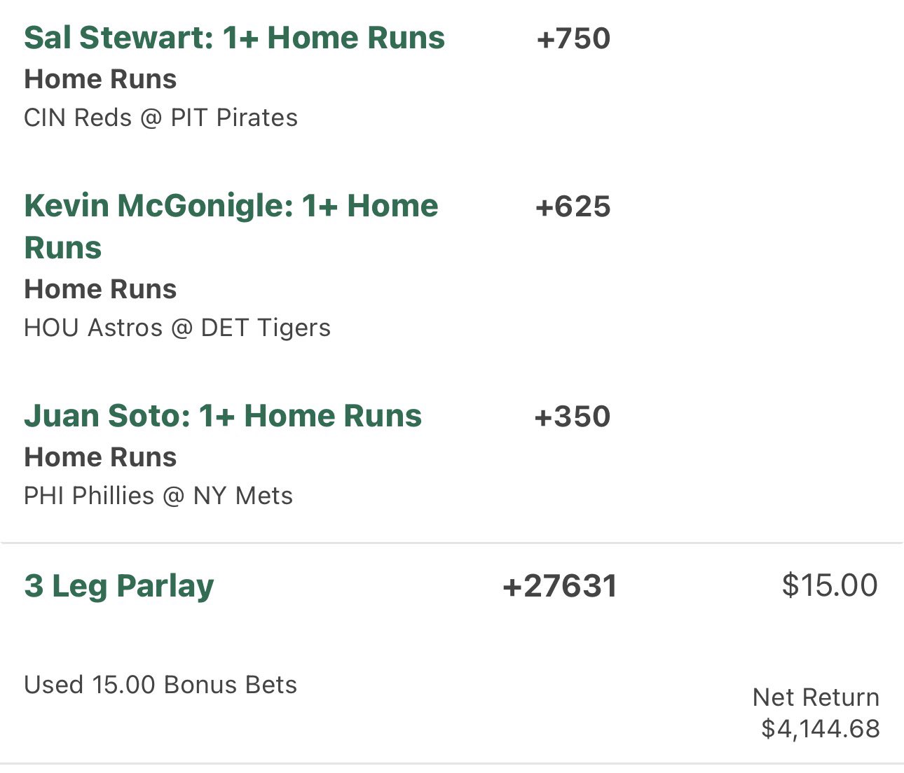 ShanderBets 3-leg MLB home run parlay, +27631