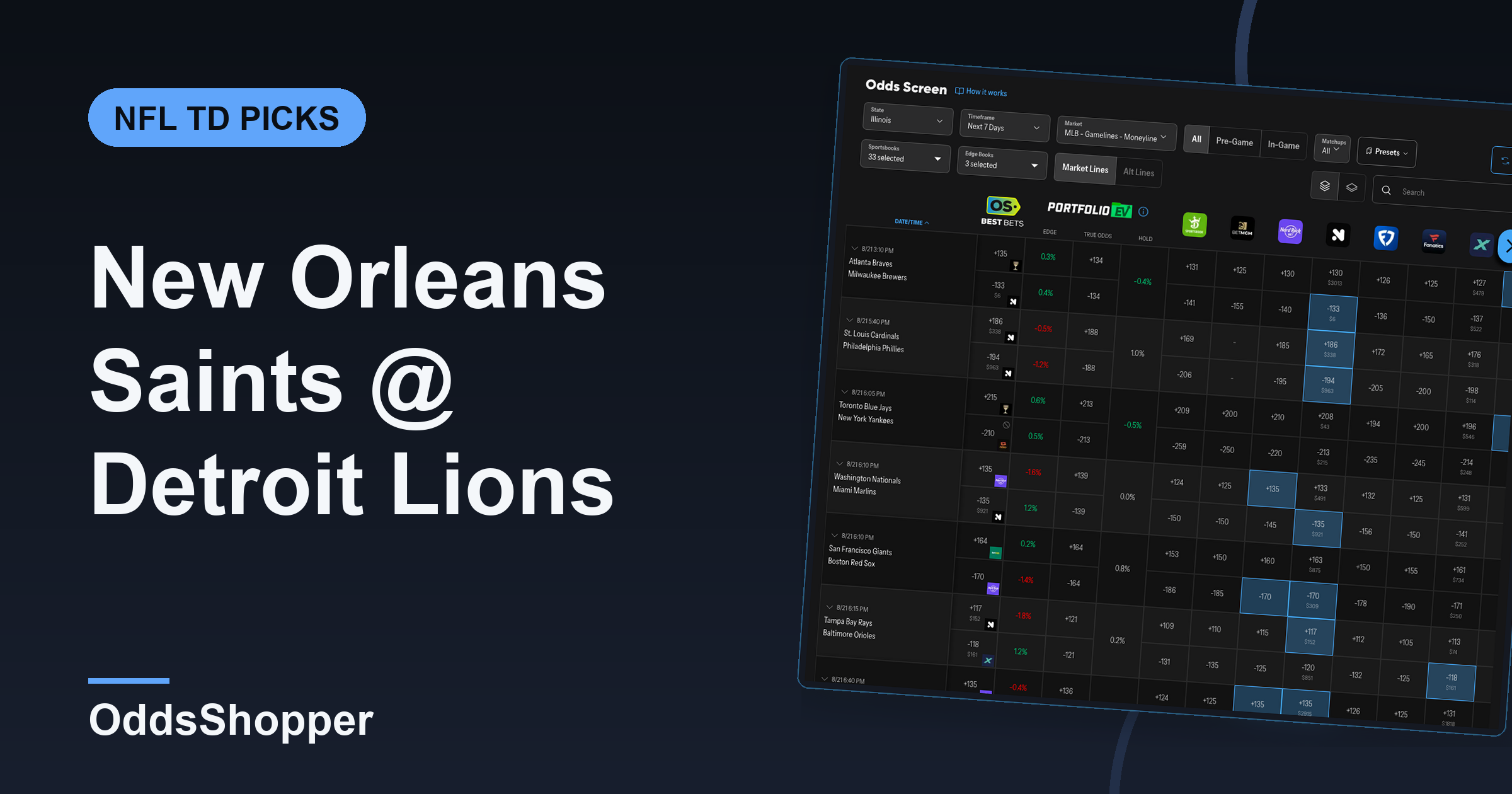 New Orleans Saints @ Detroit Lions Anytime TD Scorer Picks (9/13)