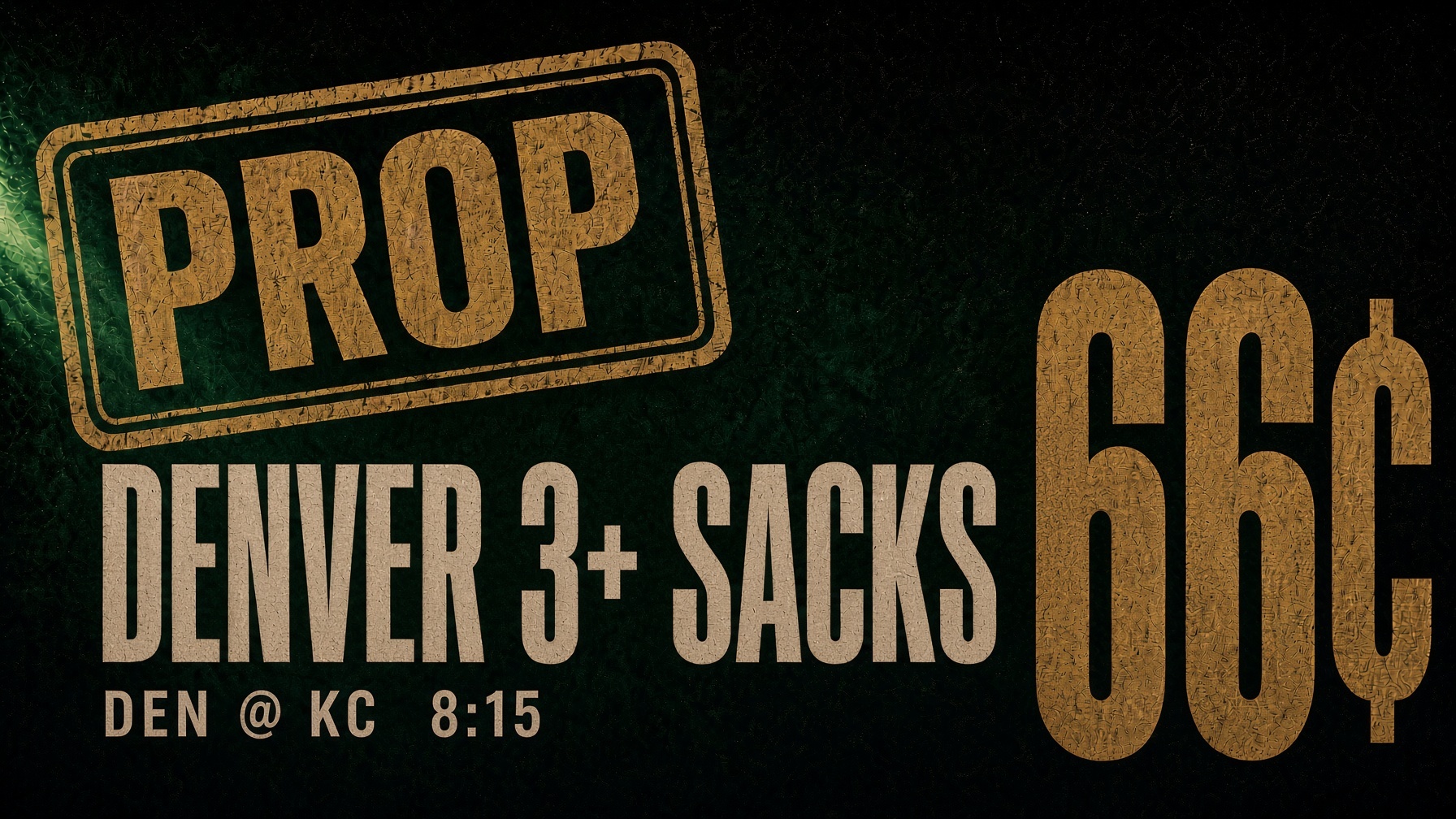 PROP: Denver 3+ sacks, 66 cents. DEN @ KC, 8:15.