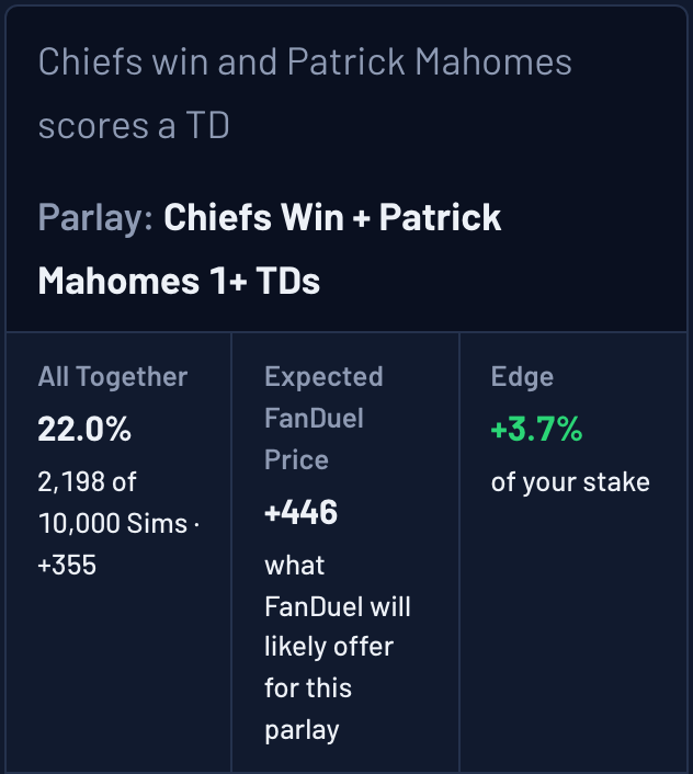 Ask The Sims answer card: Chiefs win and Patrick Mahomes scores a TD hit together in 22.0% of 10,000 Sims (+355)