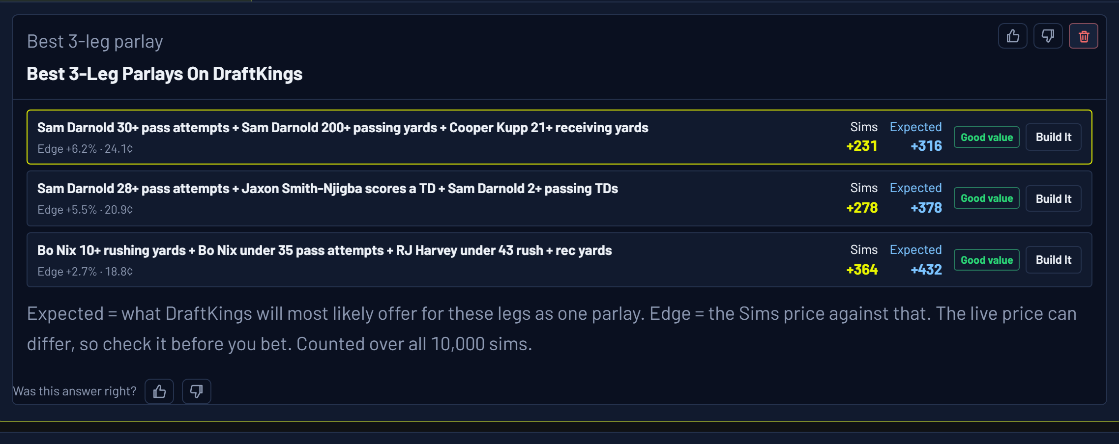 Ask the Sims answer card: best 3-leg parlay on DraftKings for Seahawks vs. Broncos