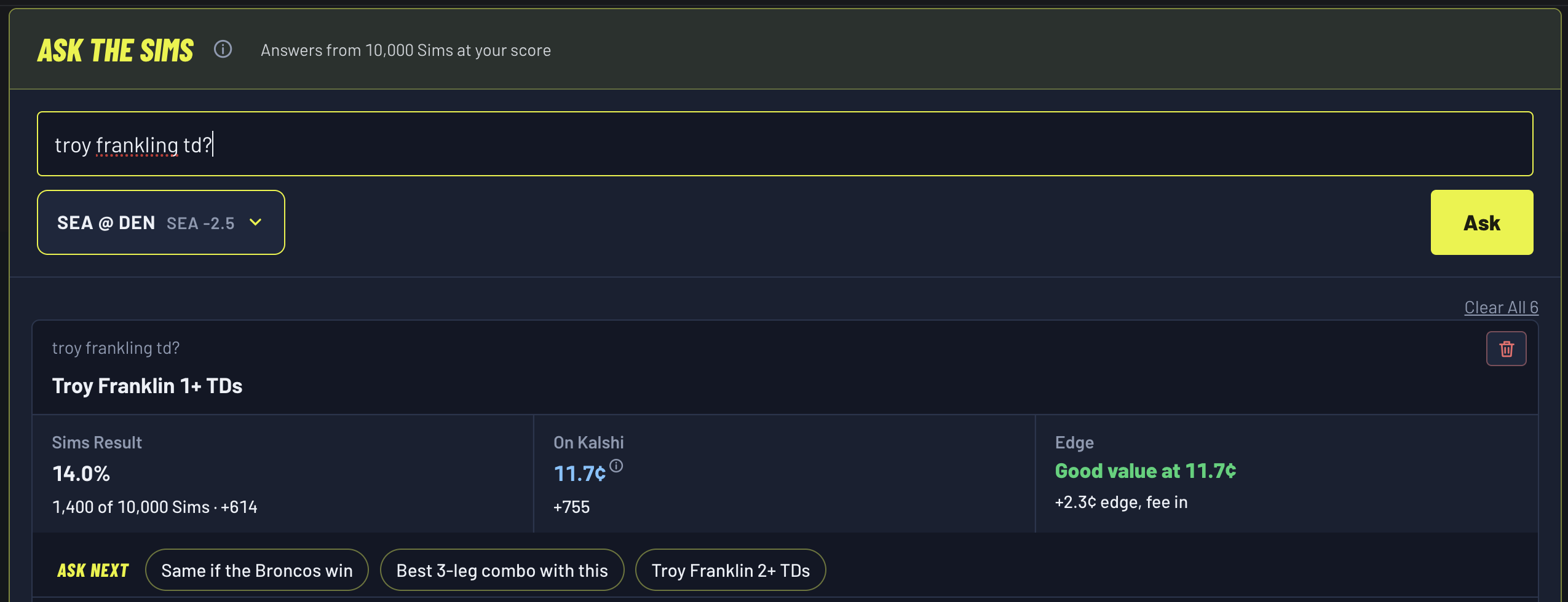 Ask the Sims answer card for Troy Franklin 1+ touchdowns, Seahawks at Broncos