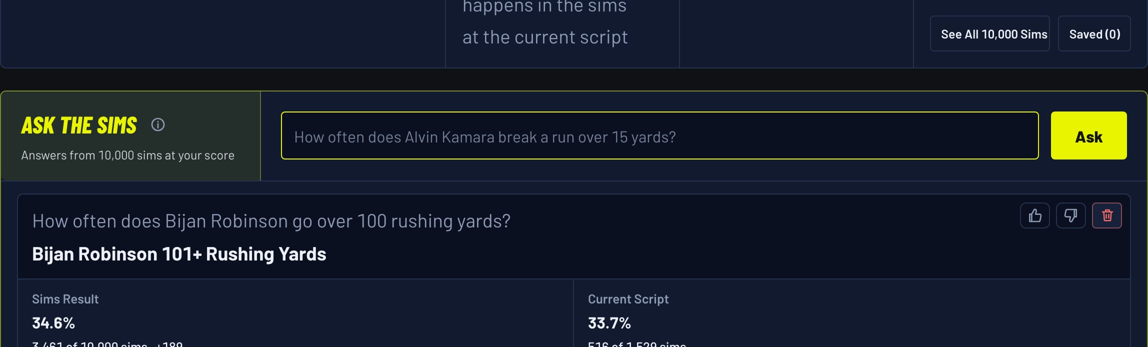Ask the Sims on the Kalshi Combo Simulator: a question about one player, answered from the 10,000 simulated games with the Kalshi price beside it