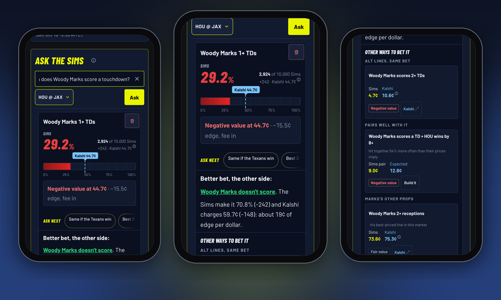 The Kalshi Combo Simulator on three phones: the Texans at Jaguars game selected, Ask the Sims answering a Woody Marks touchdown question, and the answer priced next to Kalshi