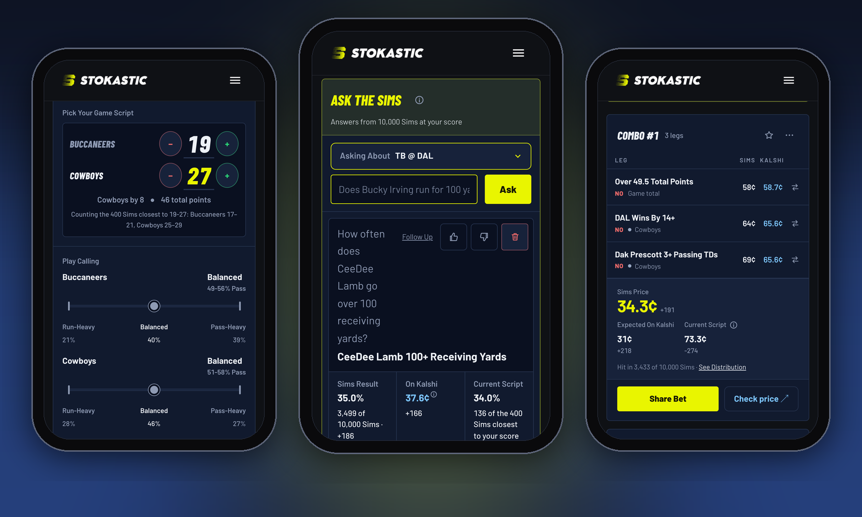 The Kalshi Combo Simulator on three phones: pick the score, ask the sims a question, and a priced combo next to the live Kalshi price