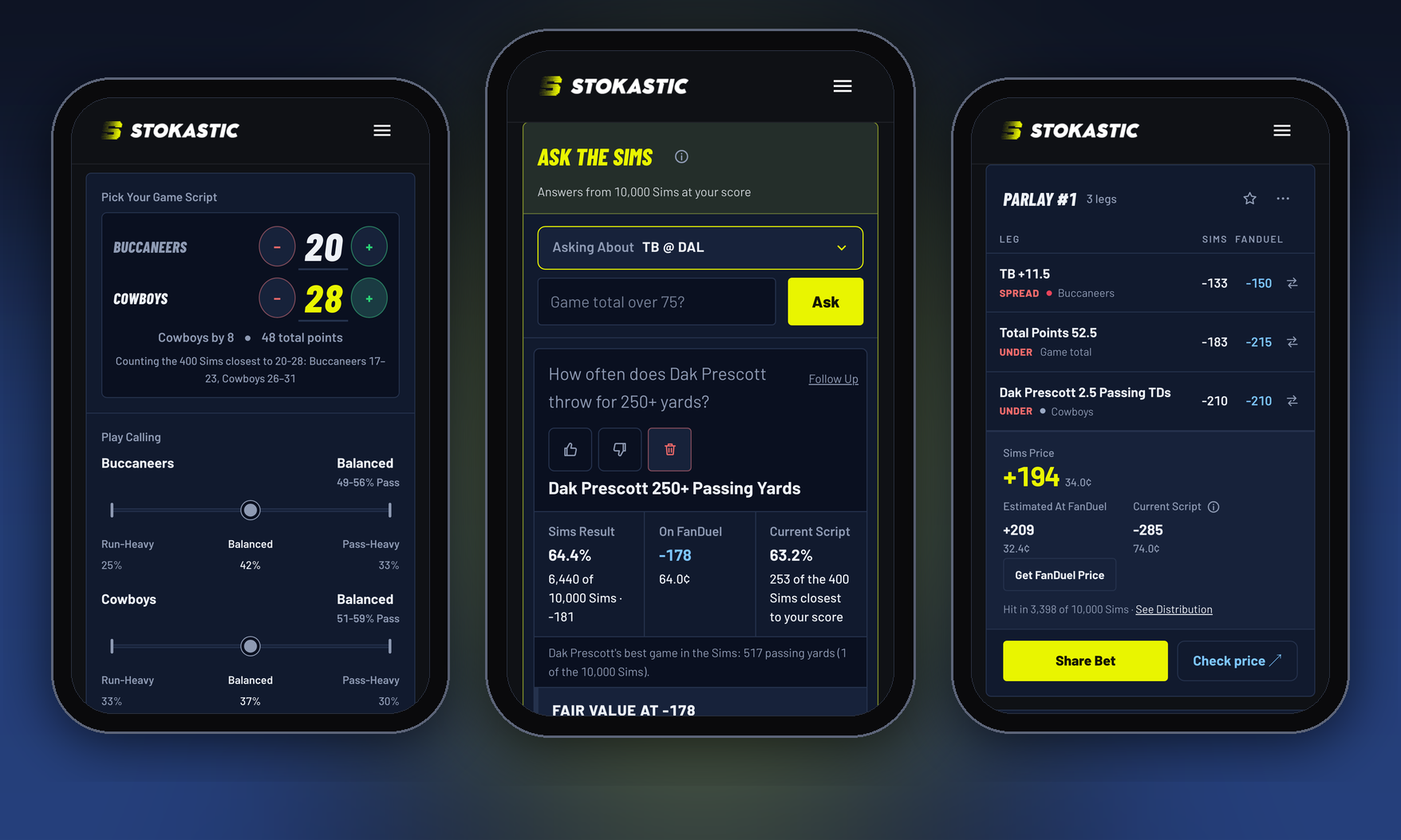 The FanDuel Parlay Simulator on three phones: pick the final score, ask the Sims a question, and a priced parlay next to the FanDuel odds