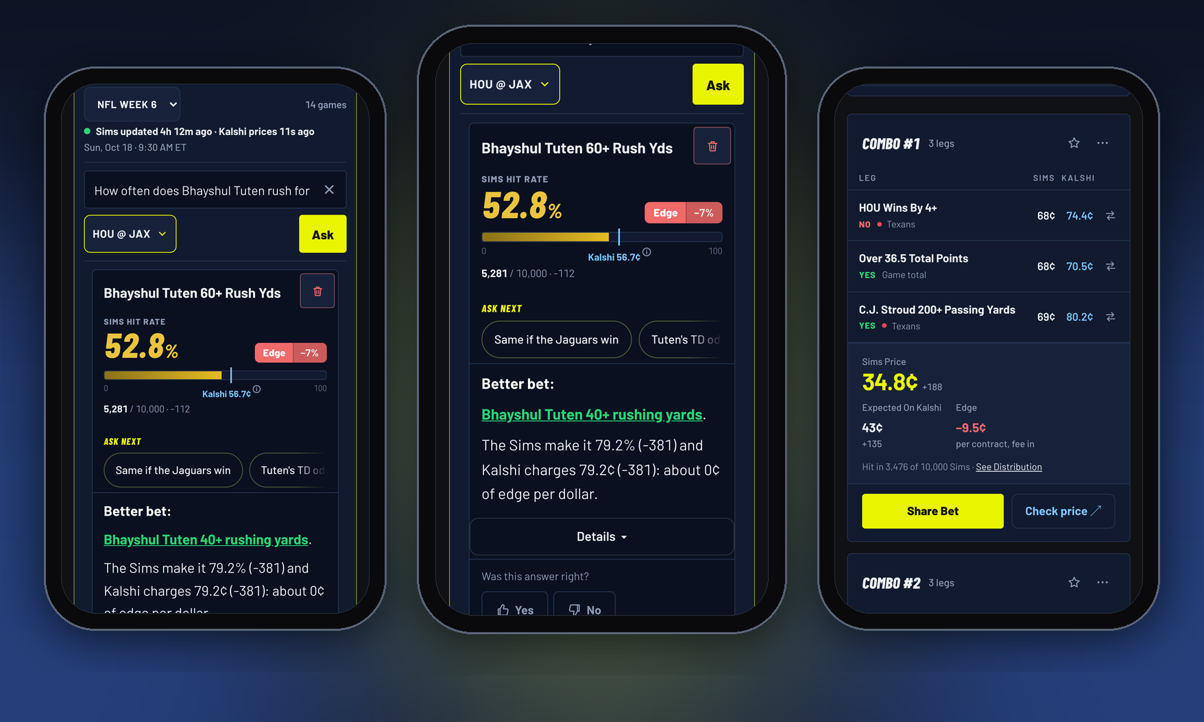 The Kalshi Combo Simulator on three phones: pick the score, ask the Sims a question, and a priced combo next to the live Kalshi price