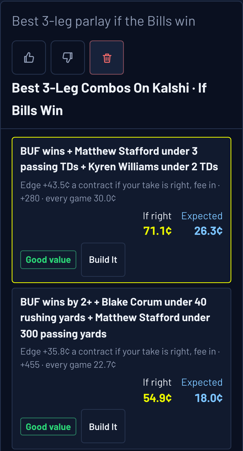 Ask The Sims answer card for Bills at Rams: best 3-leg combos if the Bills win, led by Bills win, Matthew Stafford under 3 passing TDs and Kyren Williams under 2 TDs at 30.0 cents across every game, expected Kalshi price 26.3 cents