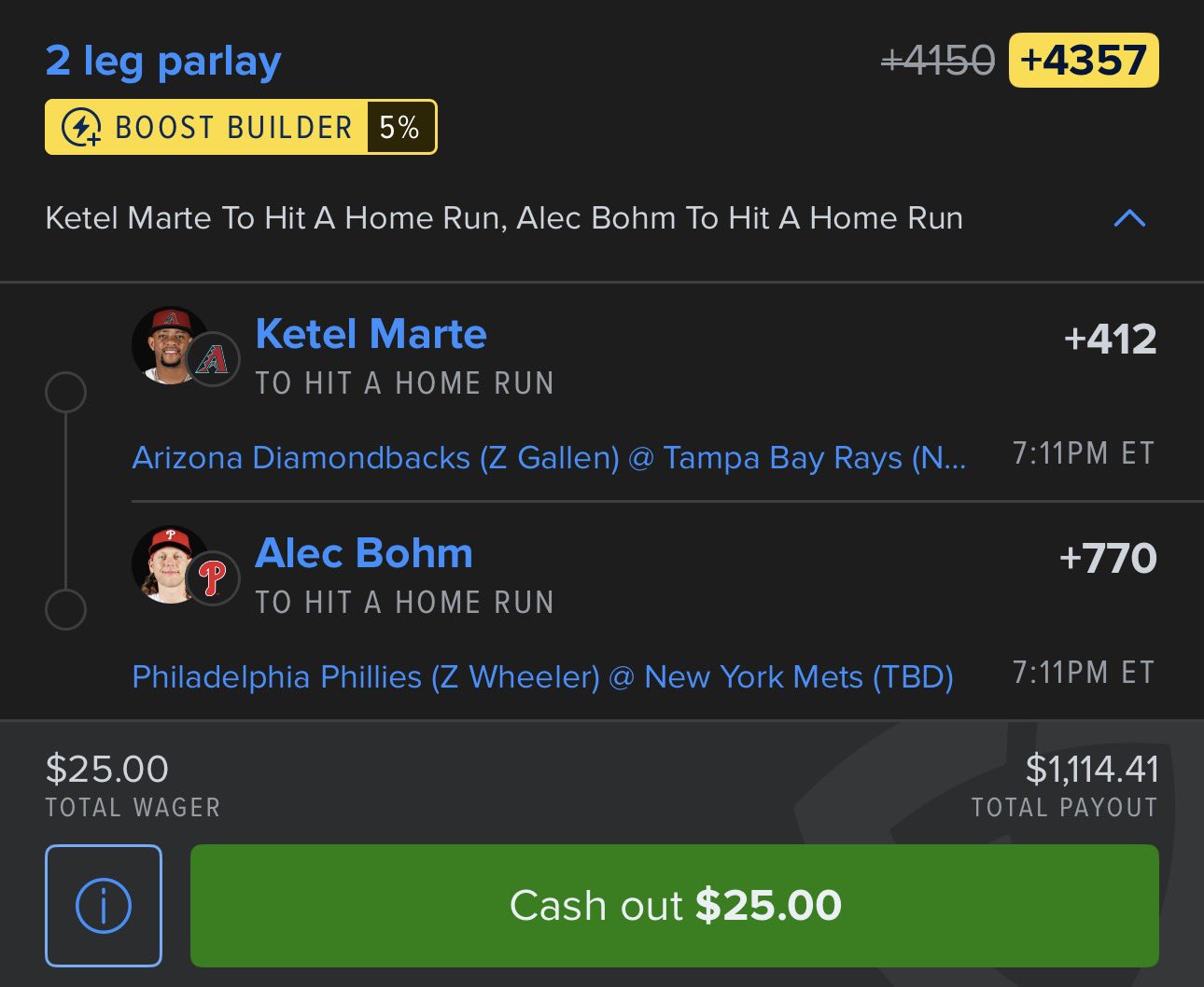 Ketel Marte and Alec Bohm boosted home run parlay slip at +4357