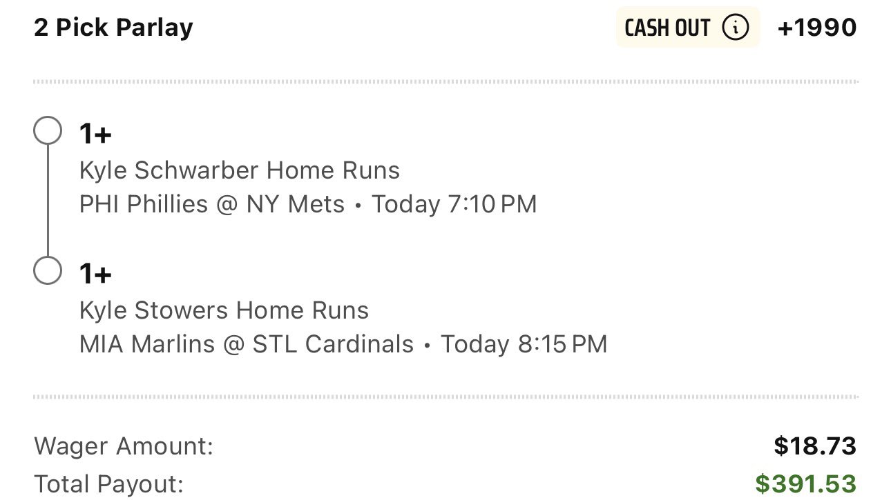 Kyle Schwarber and Kyle Stowers two-leg home run parlay at +1990