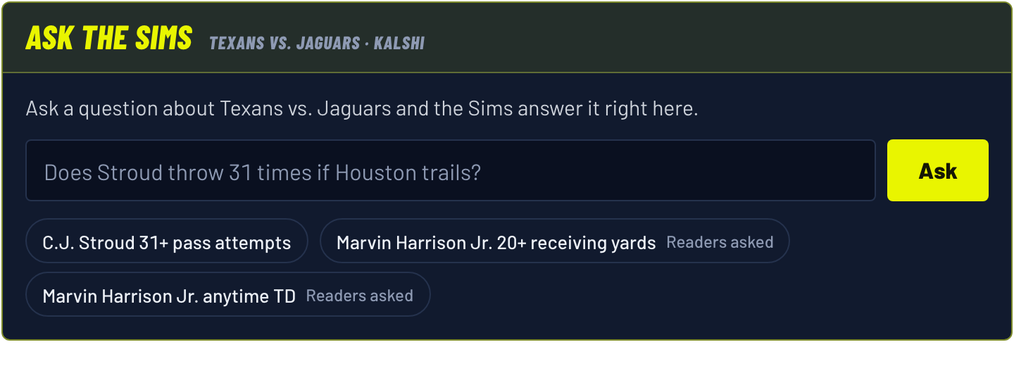 Ask The Sims box for Texans vs. Jaguars on Kalshi, with the question Does Stroud throw 31 times if Houston trails? Tap to open it in the simulator
